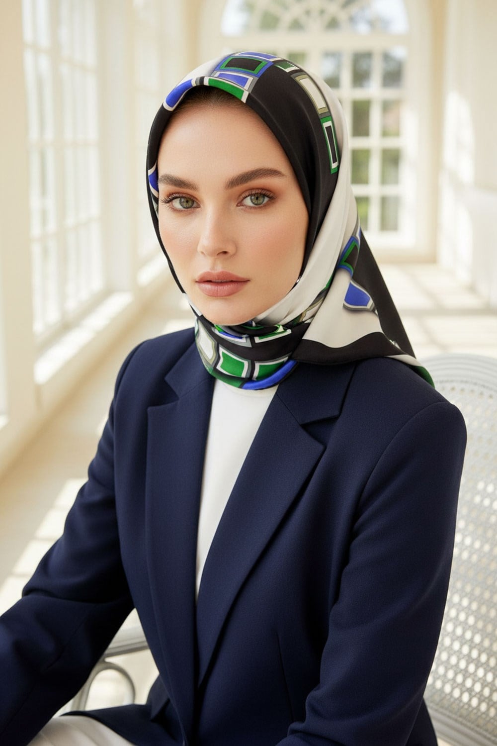 %100 Twill İpek Geometrik Desenli Saks - Zümrüt Yeşili Renkli 90x90 Eşarp Dikim Şekli : El Dikişi