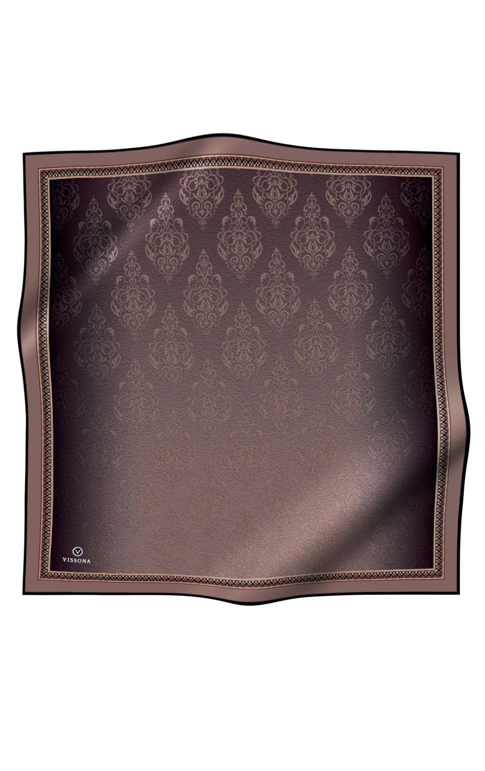 %100 Twill İpek Eşarp 90x90 Vizon Barok Desenli El Dikişli Kadın Eşarp