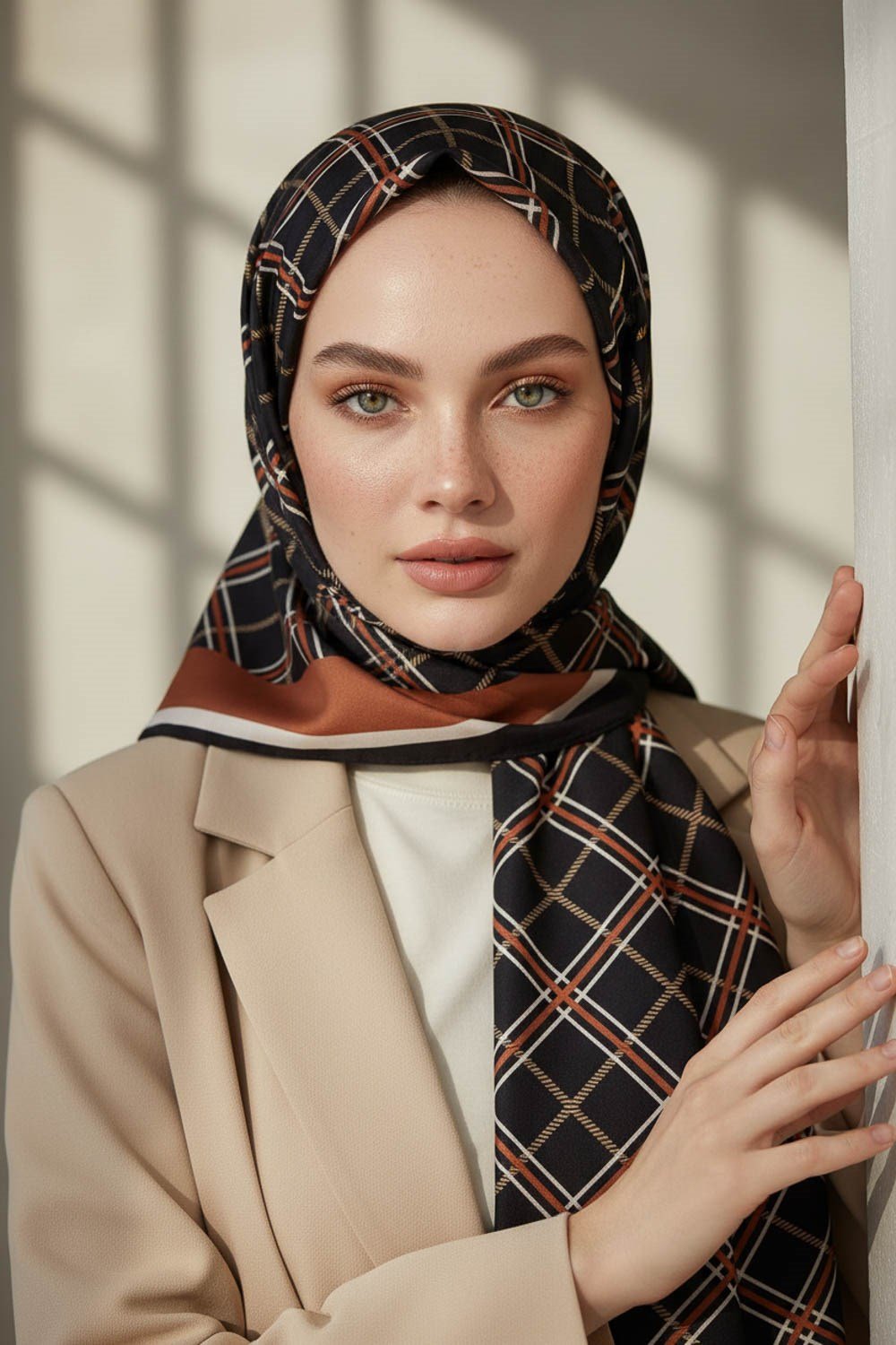 KREP EKOSE DESENLİ SİYAH - GÜL KURUSU RENKLİ 75X195 KIRIŞMAZ ŞAL