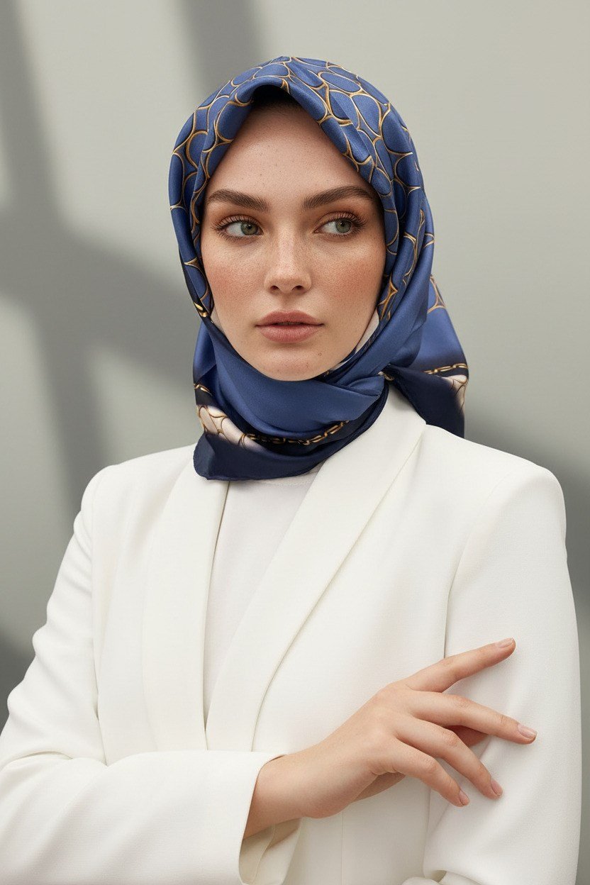 %100 Twill İpek Gold Halka Desenli İndigo - Lacivert Renkli 90x90 Eşarp Dikim Şekli : El Dikişi