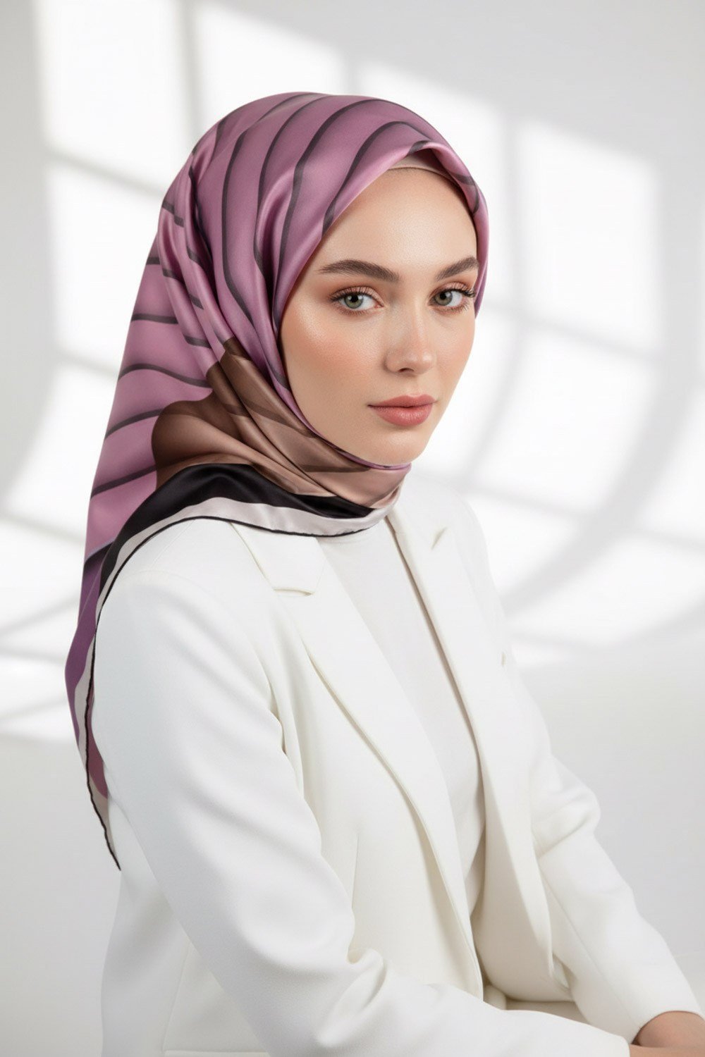 Rayon Zikzak Çizgi Desenli Lila Renkli 90x90 Eşarp (İpek İçermez) Dikim Şekli : El Dikişi