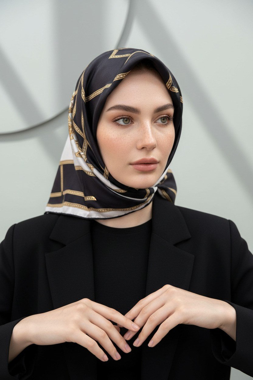 %100 Twill İpek Geometrik Desenli Siyah - Krem Renkli 90x90 Eşarp Dikim Şekli : El Dikişi
