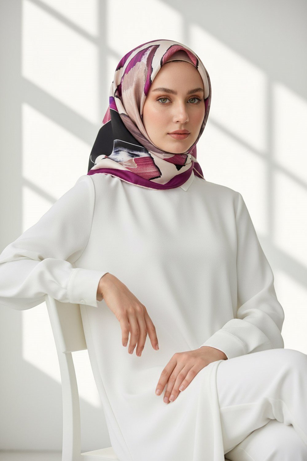 %100 Twill İpek Geometrik Desenli Mürdüm - Somon Renkli 90x90 Eşarp Dikim Şekli : El Dikişi