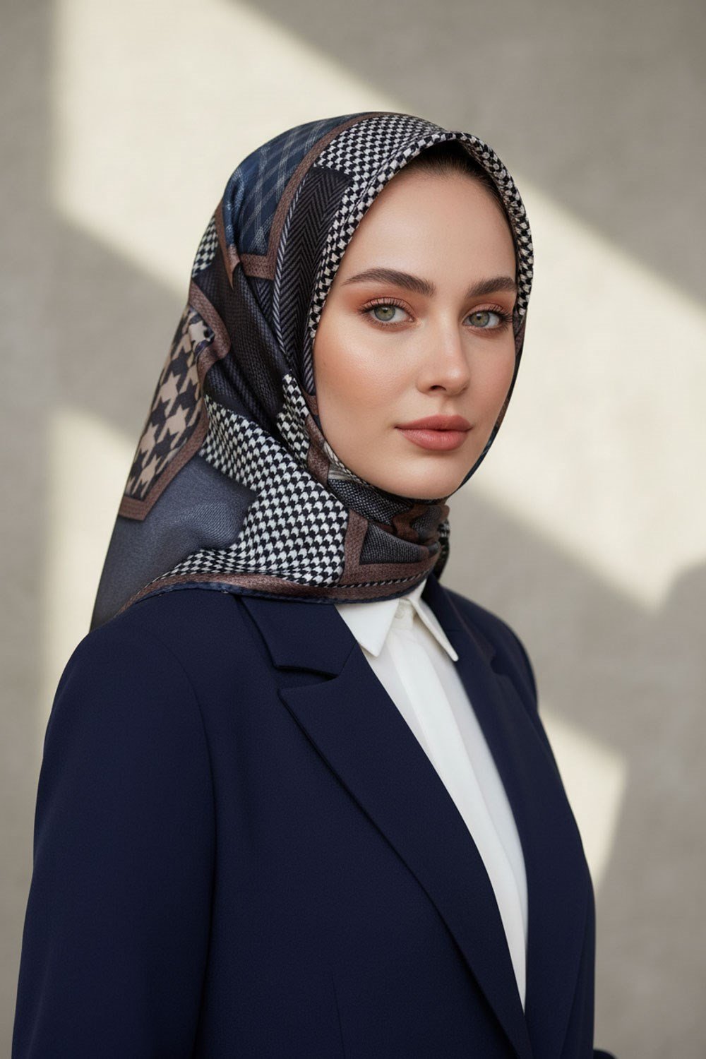 %100 Twill İpek Kazakayaklı Ve Ekose Desenli İndigo - Krem Renkli 90x90 Eşarp Dikim Şekli : El Dikişi