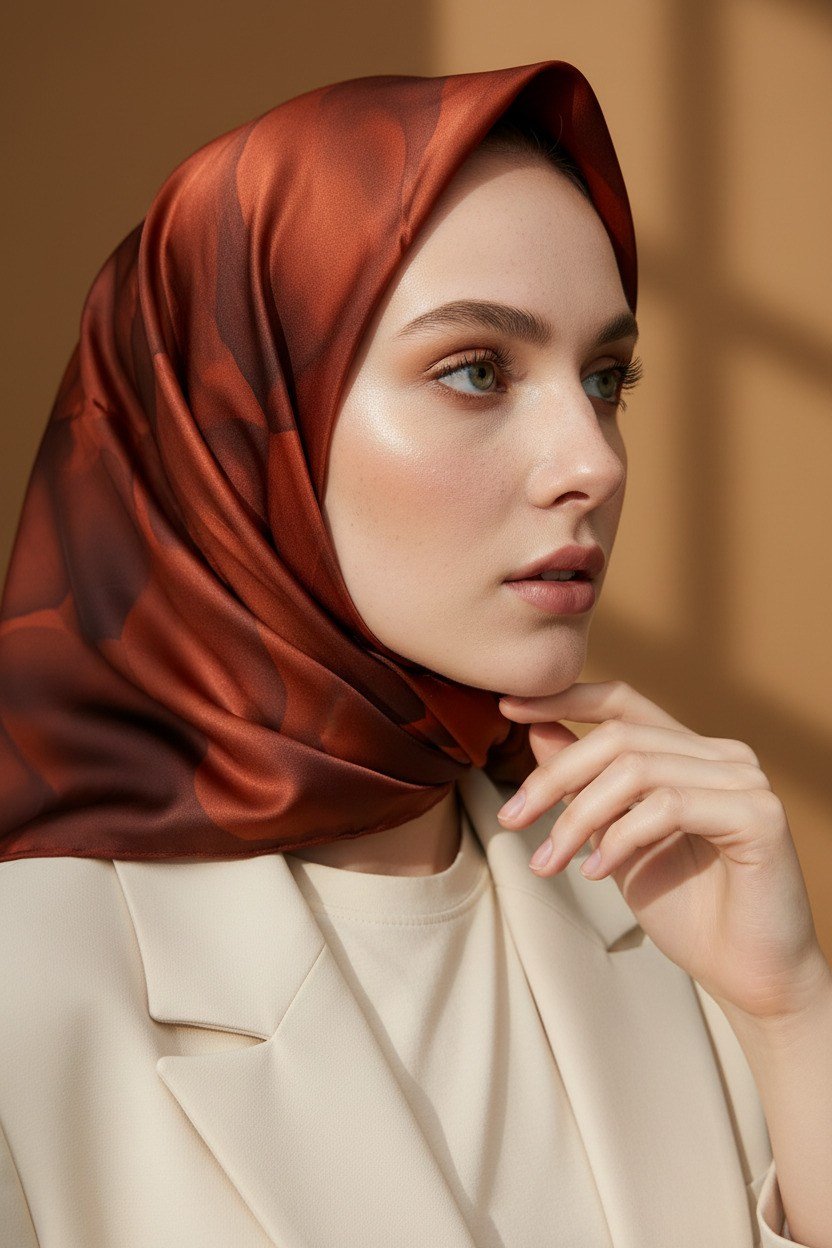 Rayon Büyük Çiçek Desenli Taba Renkli 90x90 Eşarp (İpek İçermez) Kenar Dikiş Şekli El Dikişli