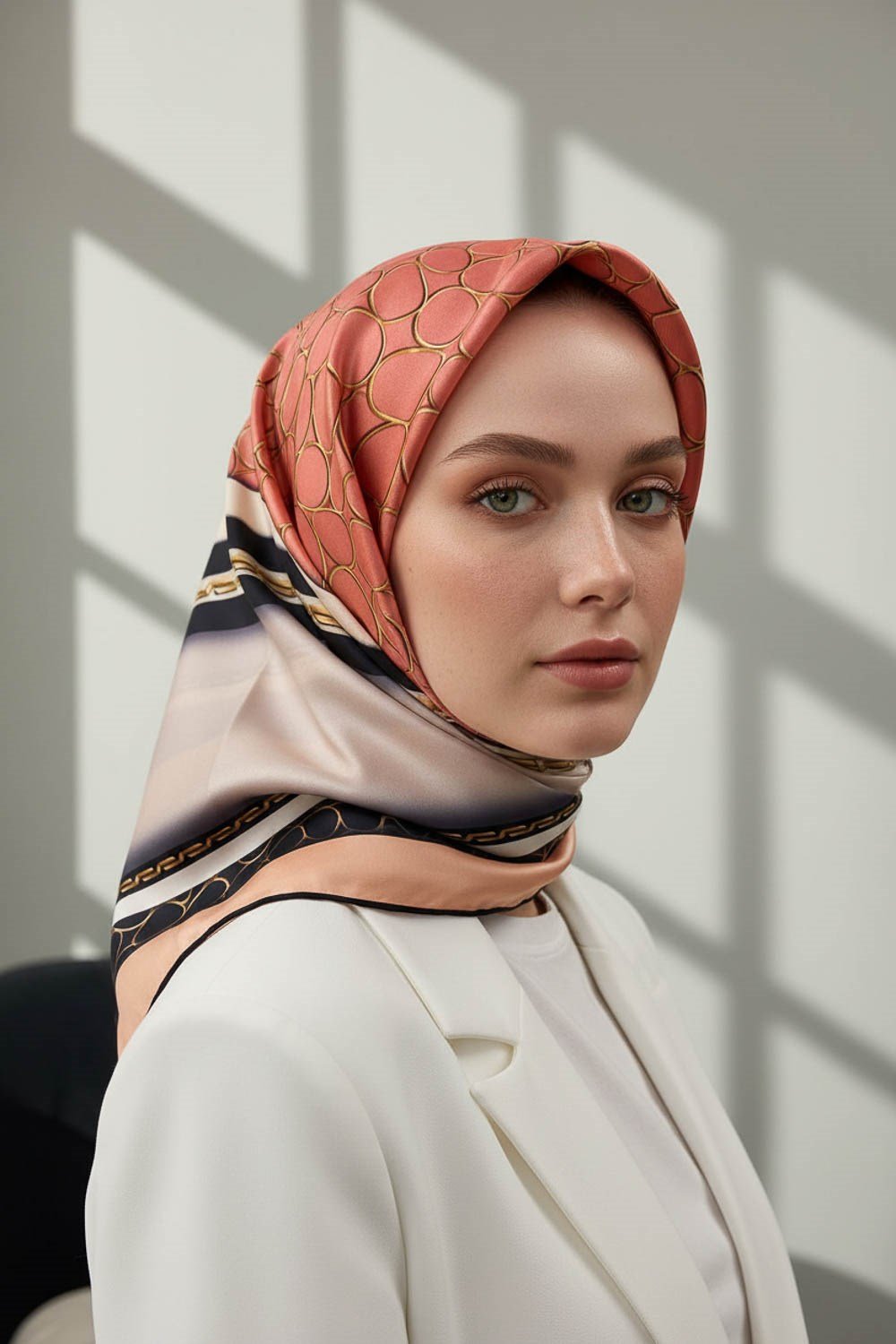 %100 Twill İpek Gold Halka Desenli Nar Çiçeği - Siyah Renkli 90x90 Eşarp Dikim Şekli : El Dikişi