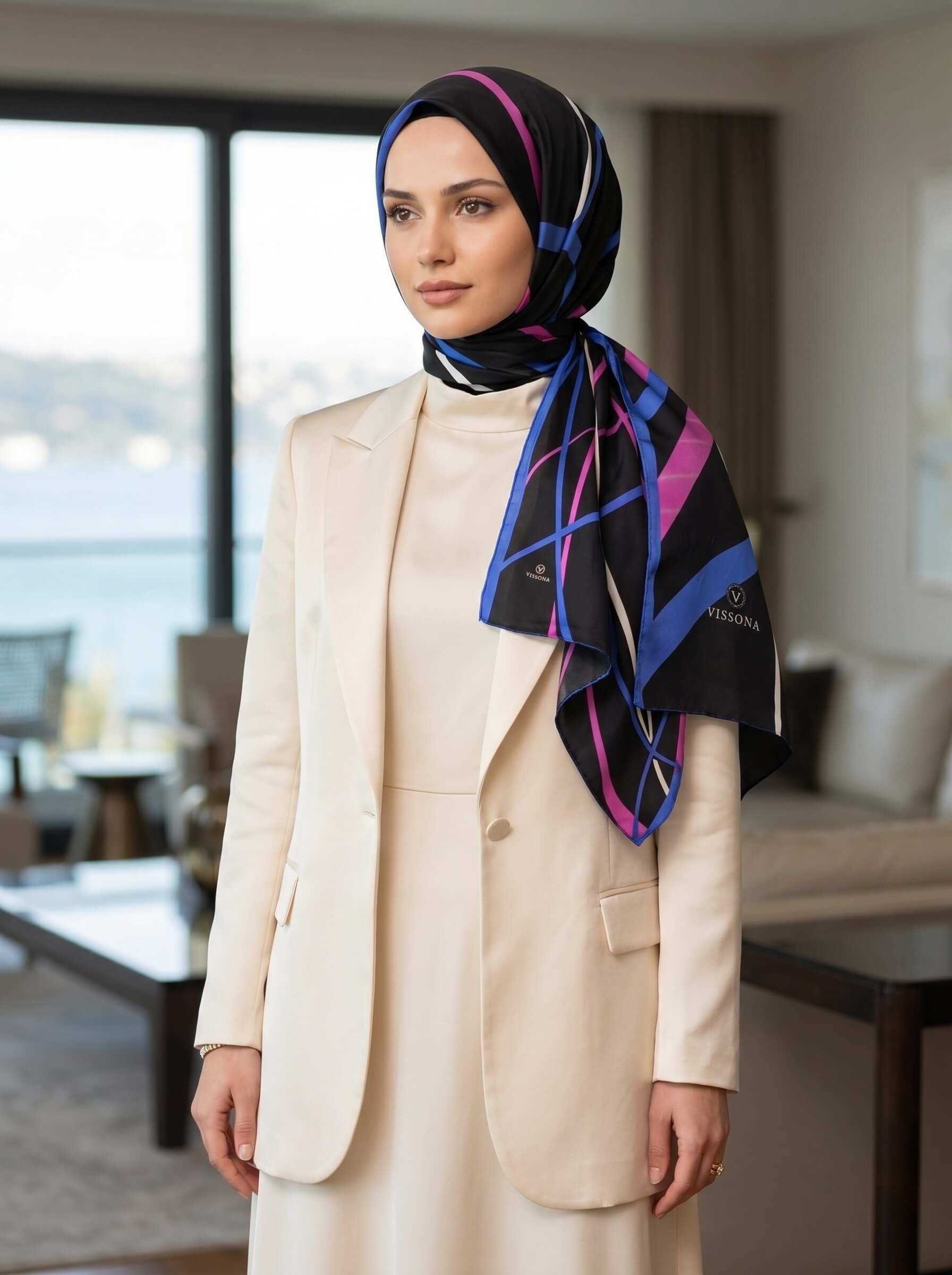 %100 Saf İpek Şal İnce Saten Vual Dokuma Çizgi Desenli Siyah - Saks Renkli 90x210 Şal