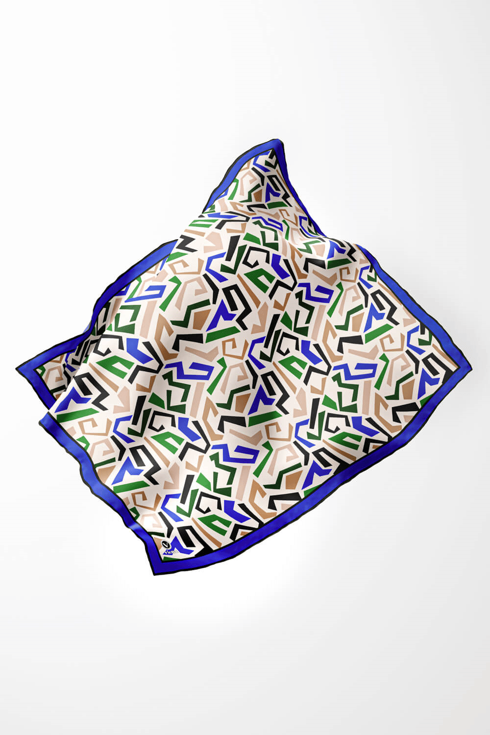 Twill Geometrik Desenli Saks Renkli 90x90 Eşarp (İpek İçermez) Kenar Dikiş Şekli El Dikişli