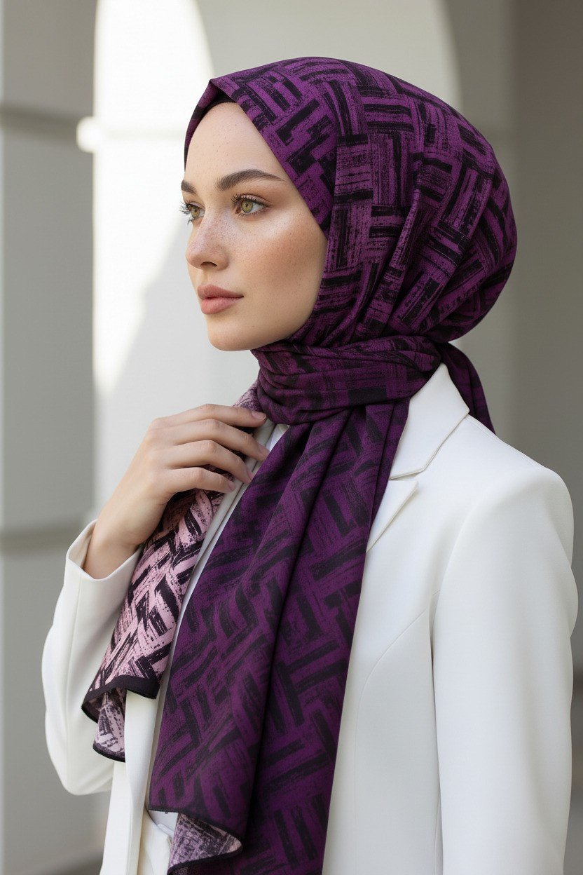 KREP DEGRADELİ ÇİZGİ DESENLİ MOR RENKLİ 75X195 KIRIŞMAZ ŞAL