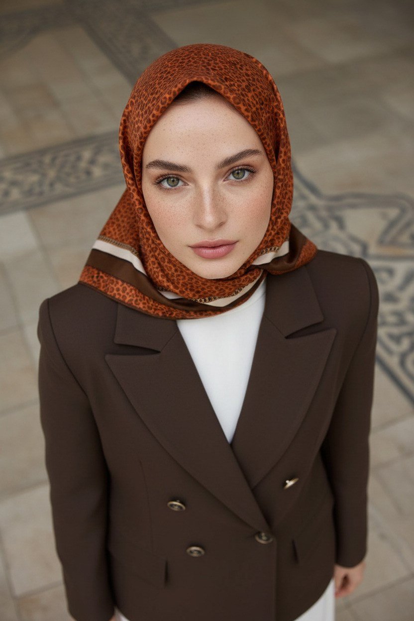 % 57 İPEK % 43 VİSKON Twill İpek Leopar Desenli Taba - Kahverengi Renkli 90x90 Eşarp Dikim Şekli : El Dikişi