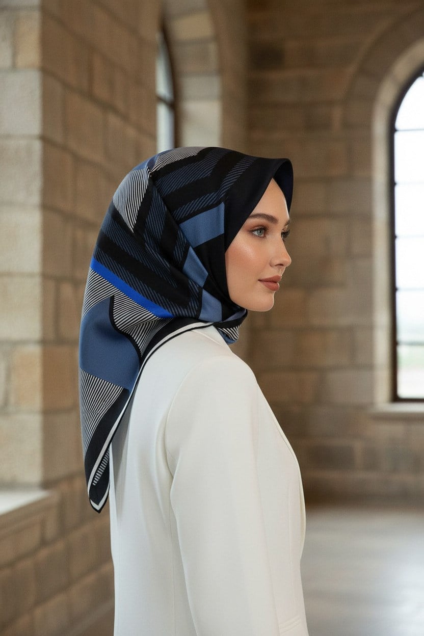 %100 Twill İpek Geometrik Desenli Saks - Siyah Renkli 90x90 Eşarp Dikim Şekli : El Dikişi