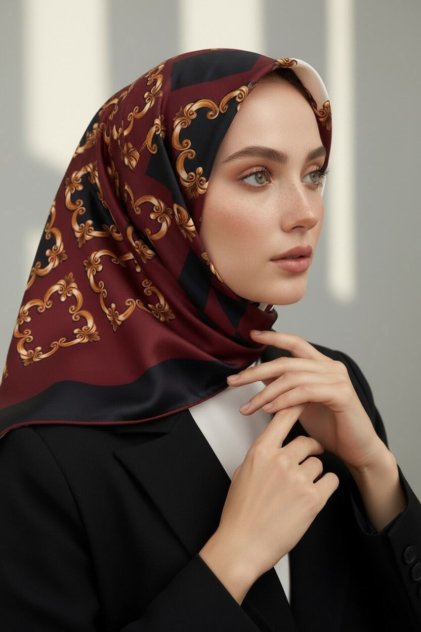 Twill Gold Detaylı Kare Desenli Siyah - Bordo Renkli 90x90 Eşarp (İpek İçermez) Kenar Dikiş Şekli El Dikişli
