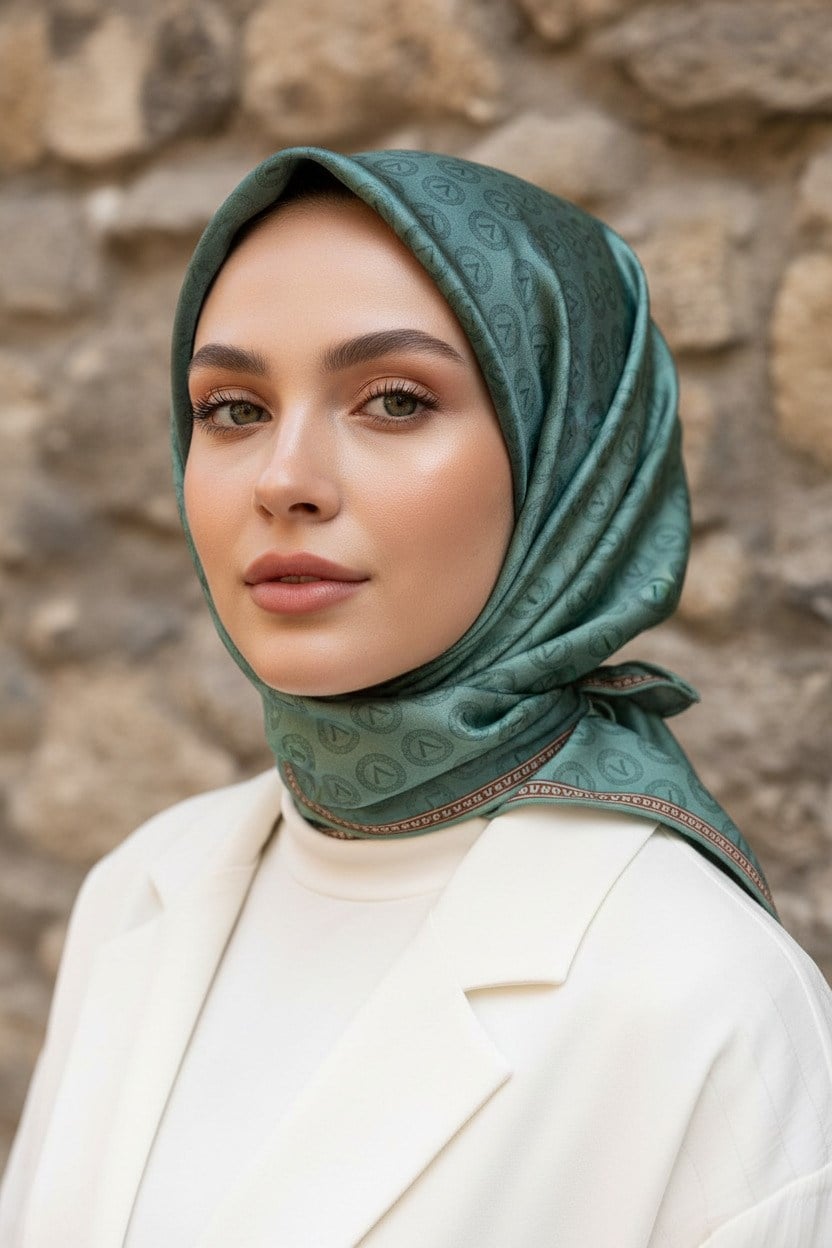 %100 Twill İpek Monogram Desenli Benetton Yeşili Renkli 90x90 Eşarp Dikim Şekli : El Dikişi