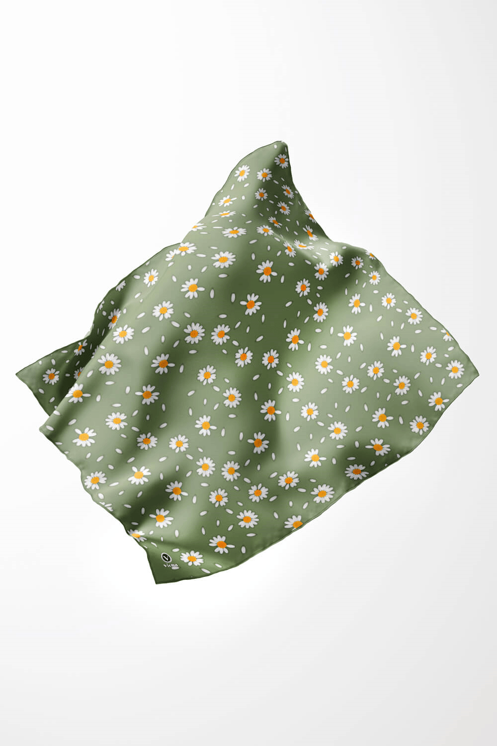 Twill Papatya Desenli Koyu Mint Yeşili Renkli 90x90 Eşarp (İpek İçermez) Kenar Dikiş Şekli El Dikişli