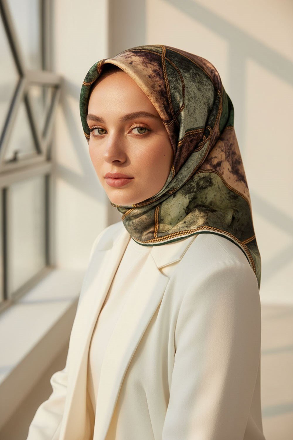 %100 Twill İpek Zincirli Mermer Desenli Zümrüt Yeşili - Haki Renkli 90x90 Eşarp Dikim Şekli : El Dikişi