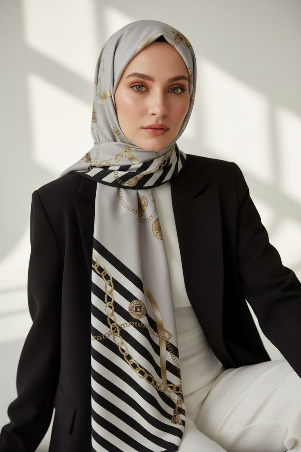KREP ÇİZGİLİ DESENLİ GRİ RENKLİ 75X195 KIRIŞMAZ ŞAL