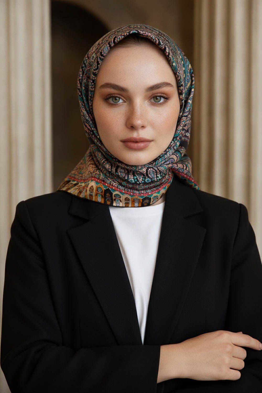 %100 Twill İpek Etro Desenli Siyah - Turkuaz Renkli 90x90 Eşarp Dikim Şekli : El Dikişi