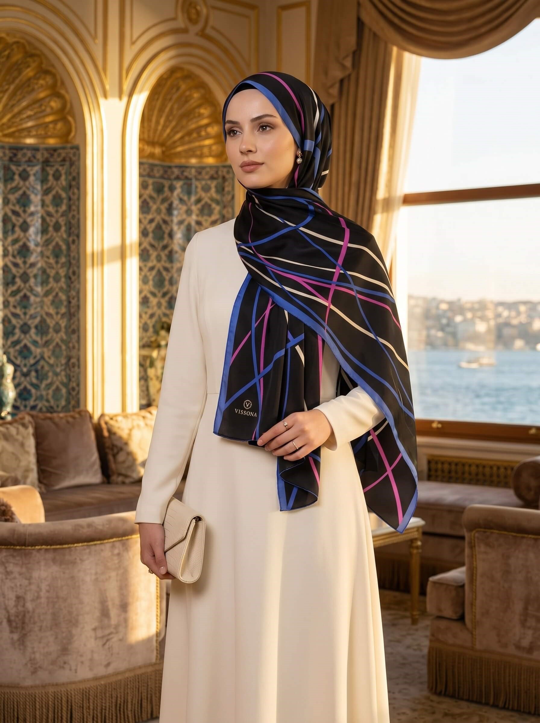 %100 Saf İpek Şal İnce Saten Vual Dokuma Çizgi Desenli Siyah - Saks Renkli 90x210 Şal