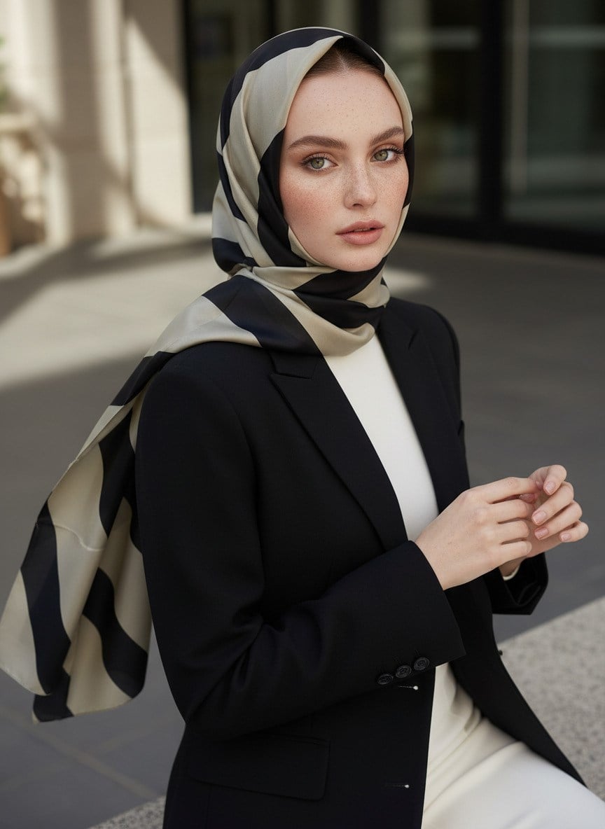 %100 Saf İpek Şal İnce Saten Vual Dokuma Çizgili Desenli Vizon - Siyah Renkli 90x210 Şal