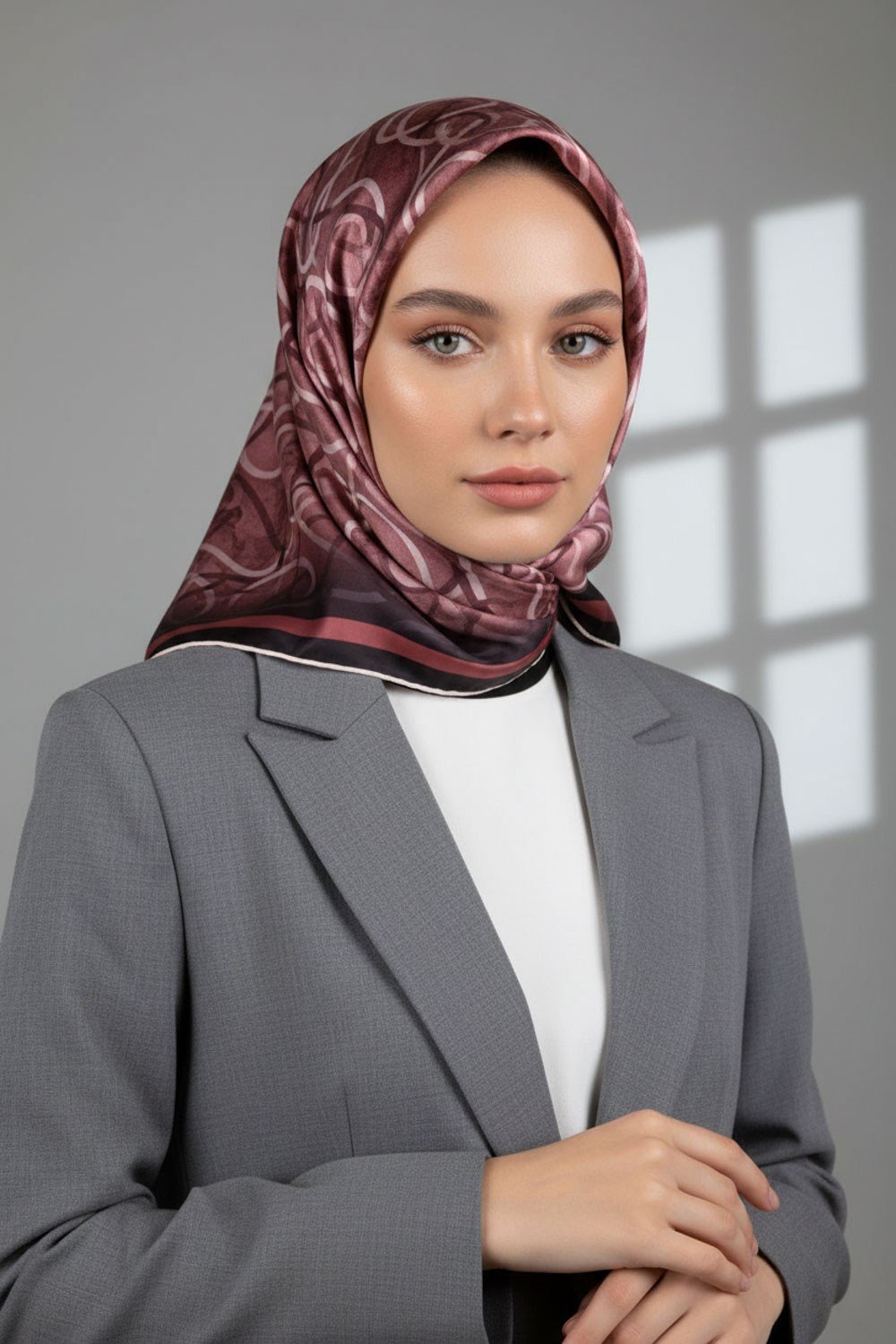 Kristal Geometrik Desenli Pudra Renkli 90x90 Eşarp (İpek İçermez) Kenar Dikiş Şekli El Dikişli