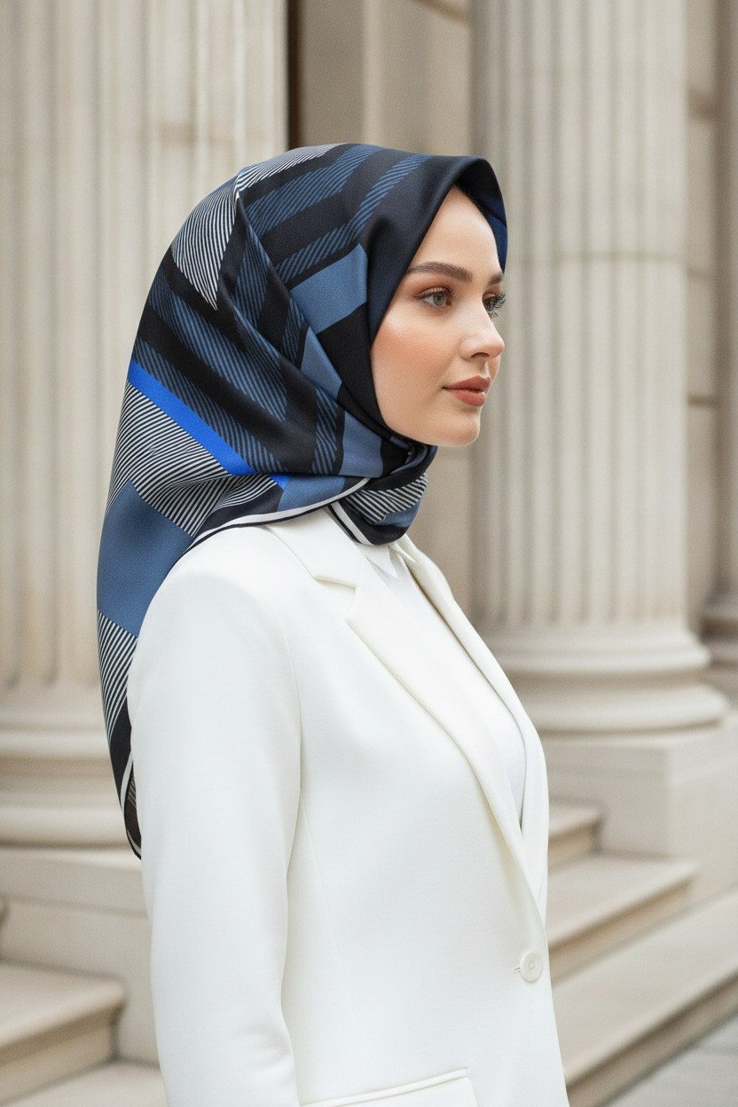 %100 Twill İpek Eşarp 90x90 Saks Siyah Geometrik Desenli El Dikişli Kadın Eşarp