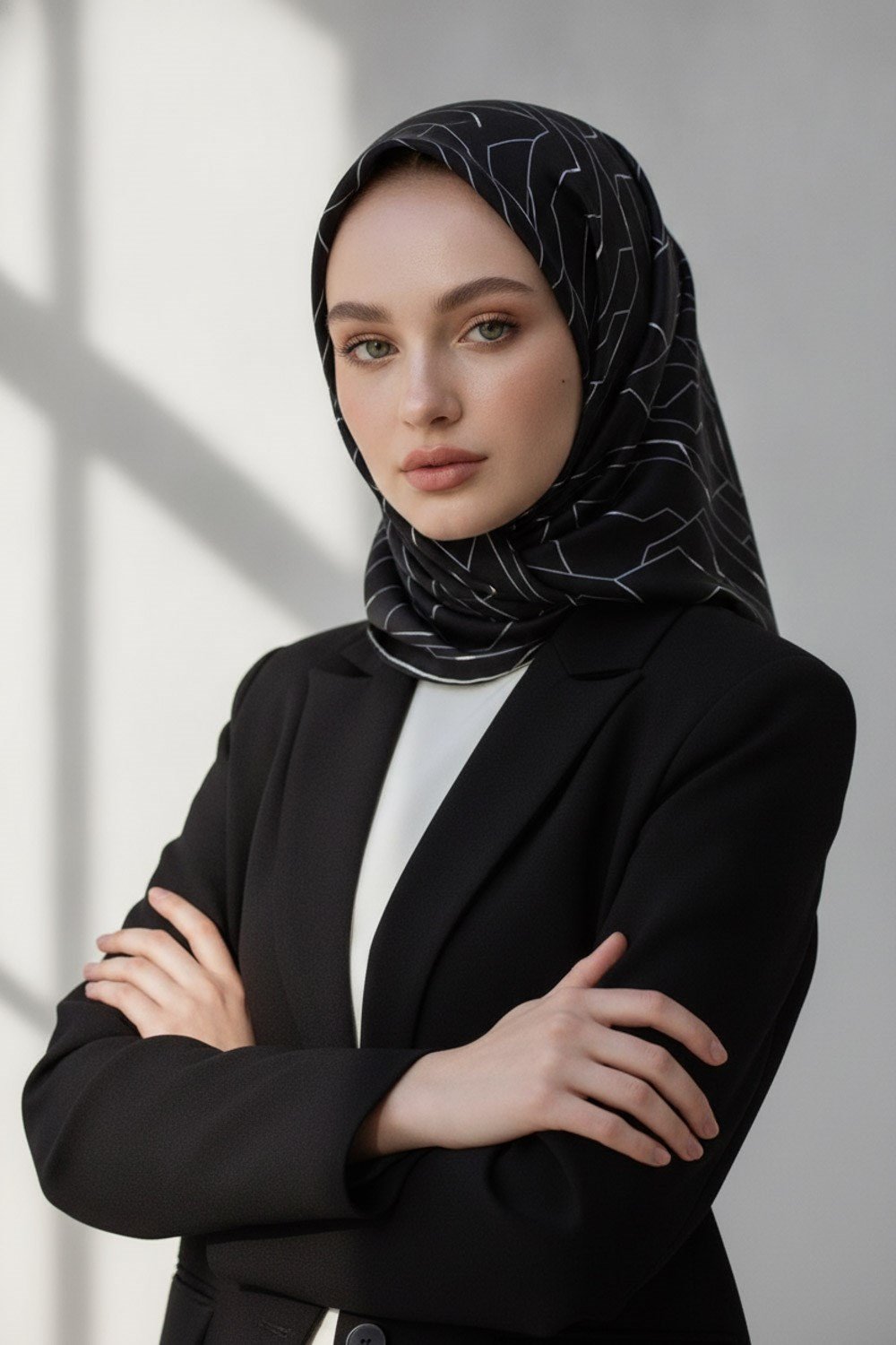 %100 Twill İpek Geometrik Desenli Siyah - Gri Renkli 90x90 Eşarp Dikim Şekli : El Dikişi