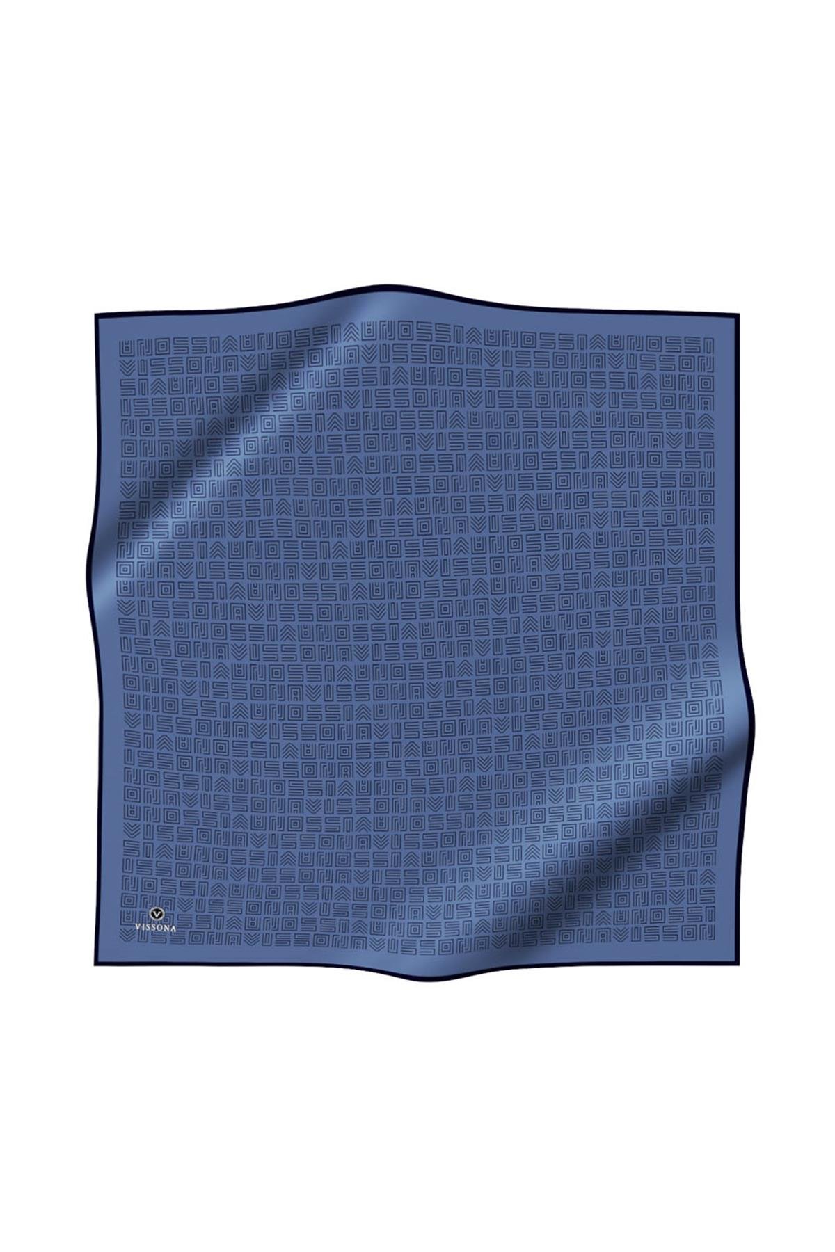 100% Twill İpek Etnik Motif Desenli İndigo - Lacivert Renkli 90x90 Dikim Şekli : El Dikişi Eşarp