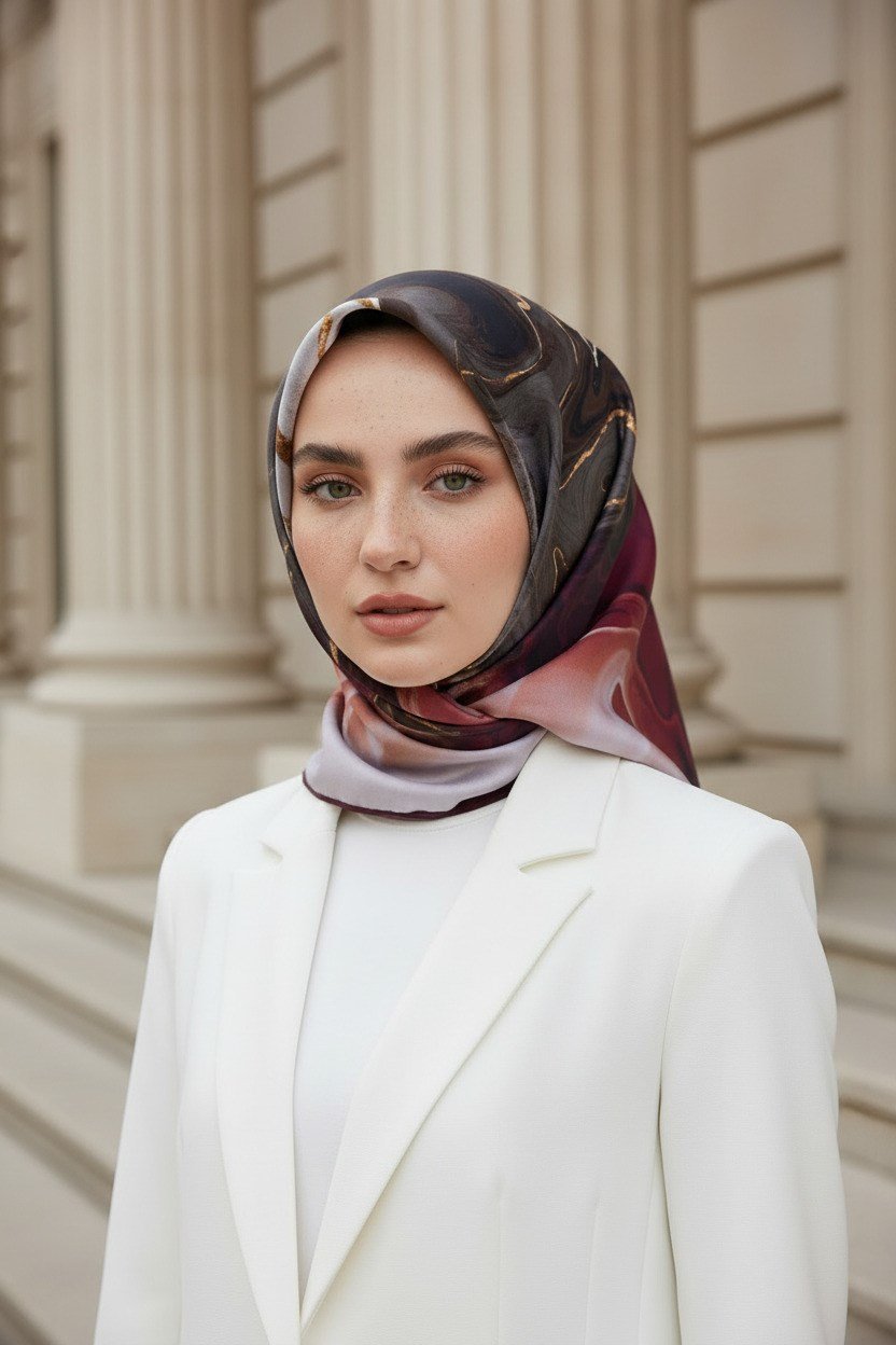 %100 Twill İpek Batik Desenli Bordo - Füme Renkli 90x90 Eşarp Dikim Şekli : El Dikişi