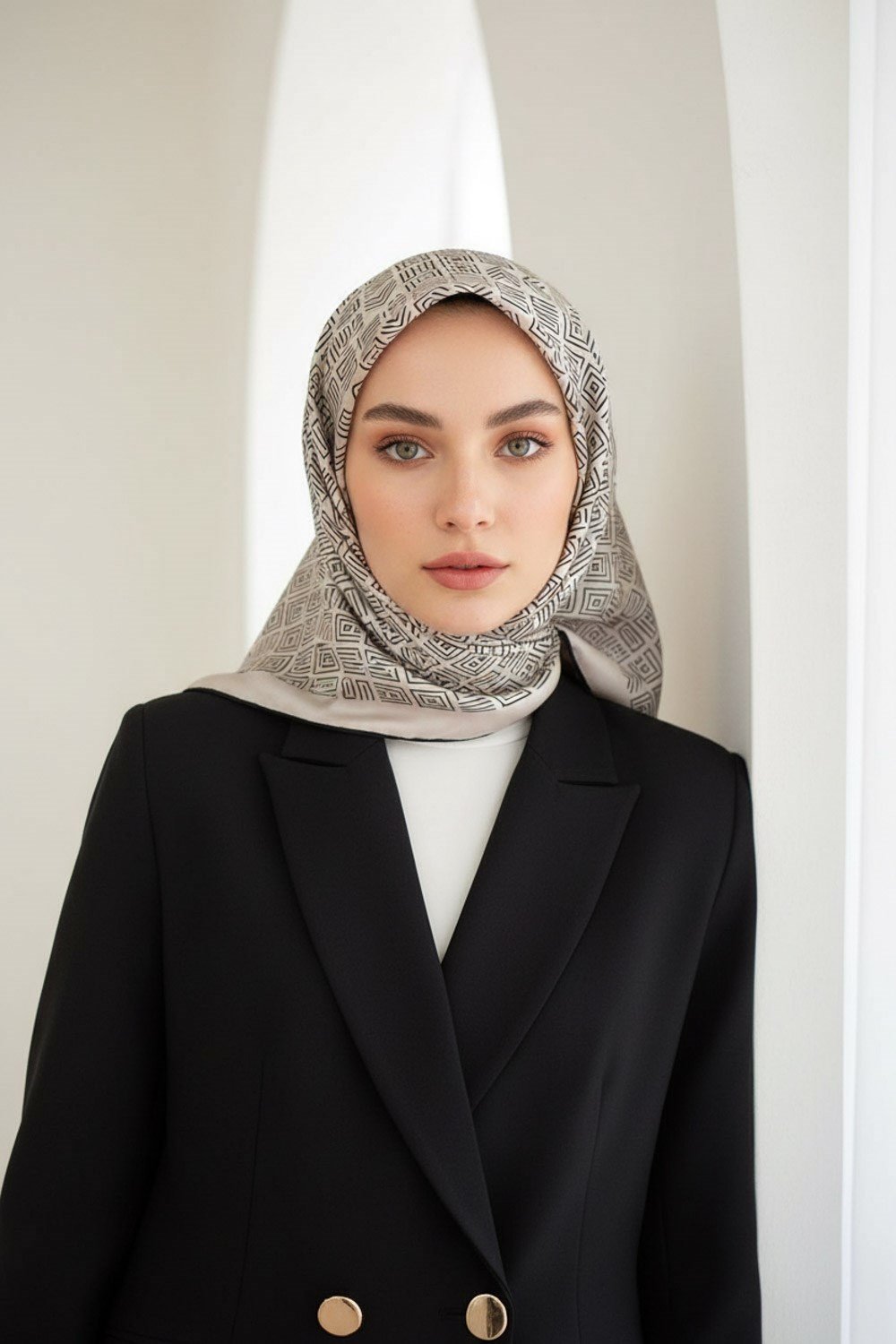 %57 İPEK %43 VİSKON Twill İpek Etnik Motif Desenli Krem - Siyah Renkli 90x90 Eşarp Dikim Şekli : El Dikişi