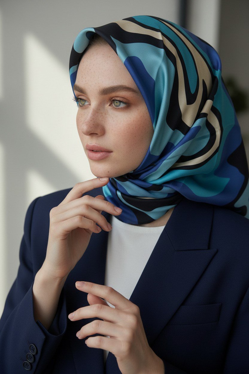 100% Twill İpek Dalga Desenli İndigo - Petrol Mavisi Renkli 90x90 Dikim Şekli : El Dikişi Eşarp