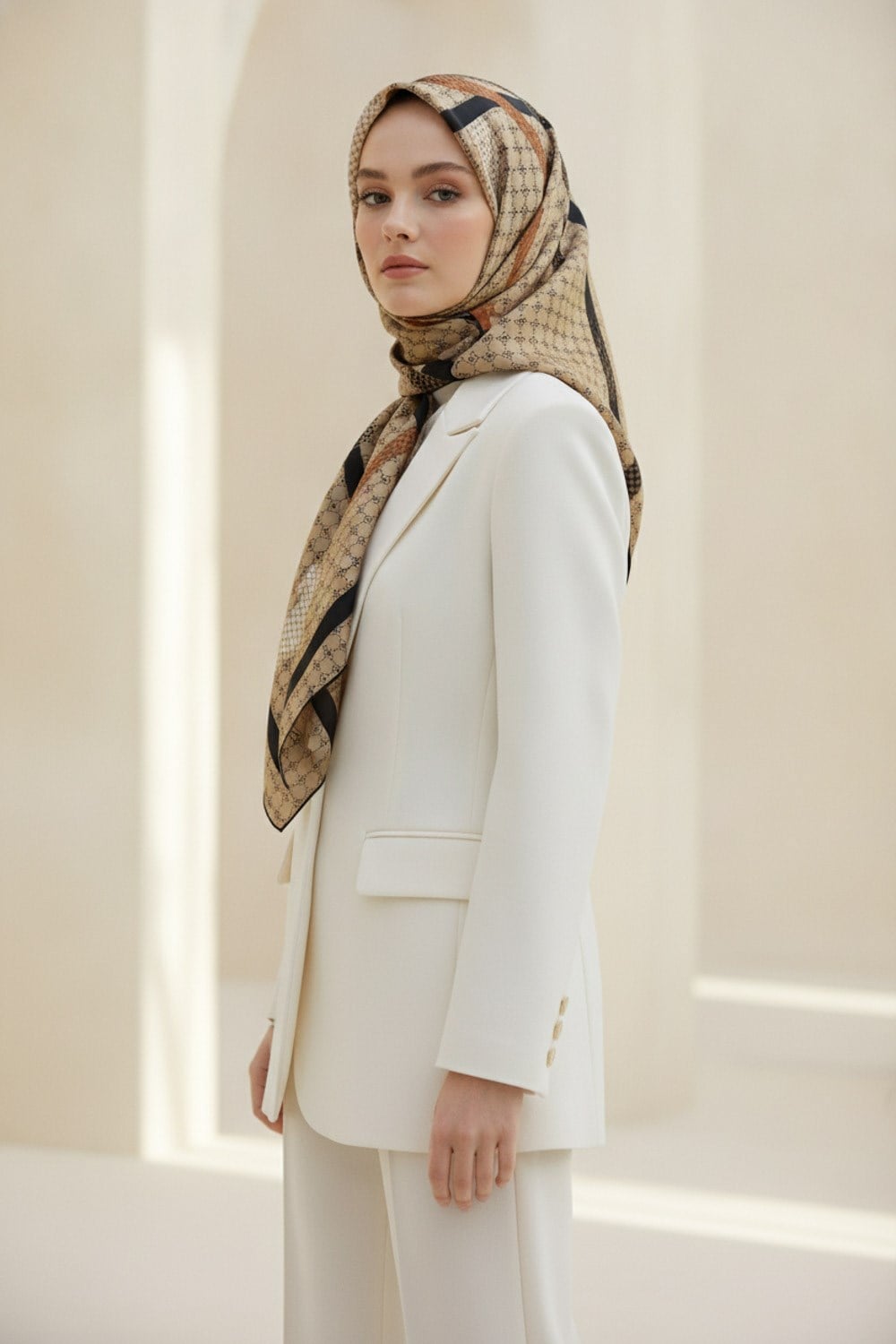 %100 Twill İpek Monogram Ve Şerit Desenli Bej - Siyah Renkli 90x90 Eşarp Dikim Şekli : El Dikişi