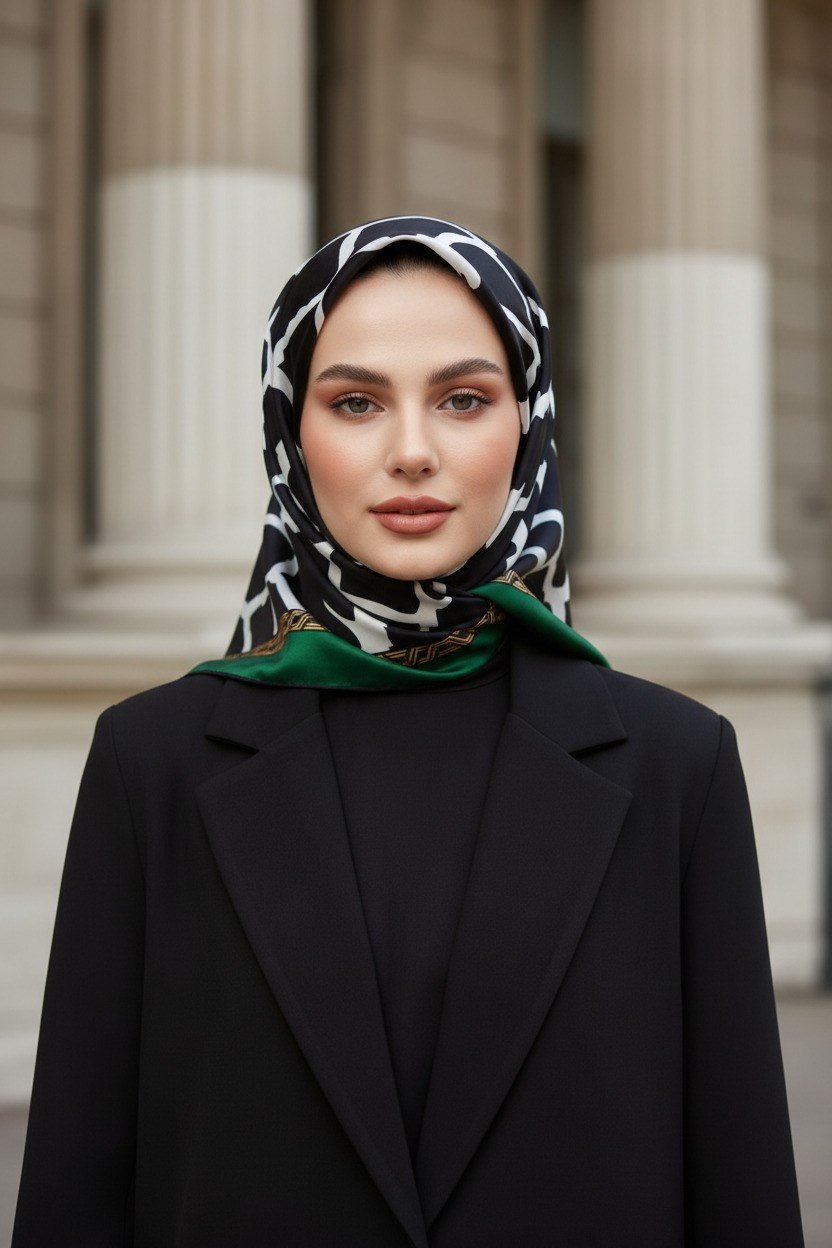 %100 Twill Taş Desenli Siyah - Zümrüt Yeşilli Renkli 90x90 Eşarp Dikim Şekli: El Dikişi