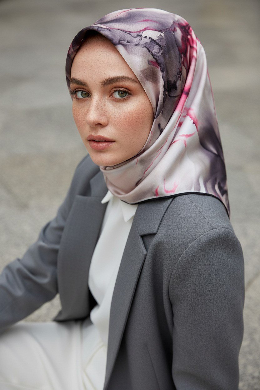%100 Twill İpek Batik Çiçek Desenli Gri - Pembe Renkli 90x90 Eşarp Kenar Dikiş Şekli El Dikişli