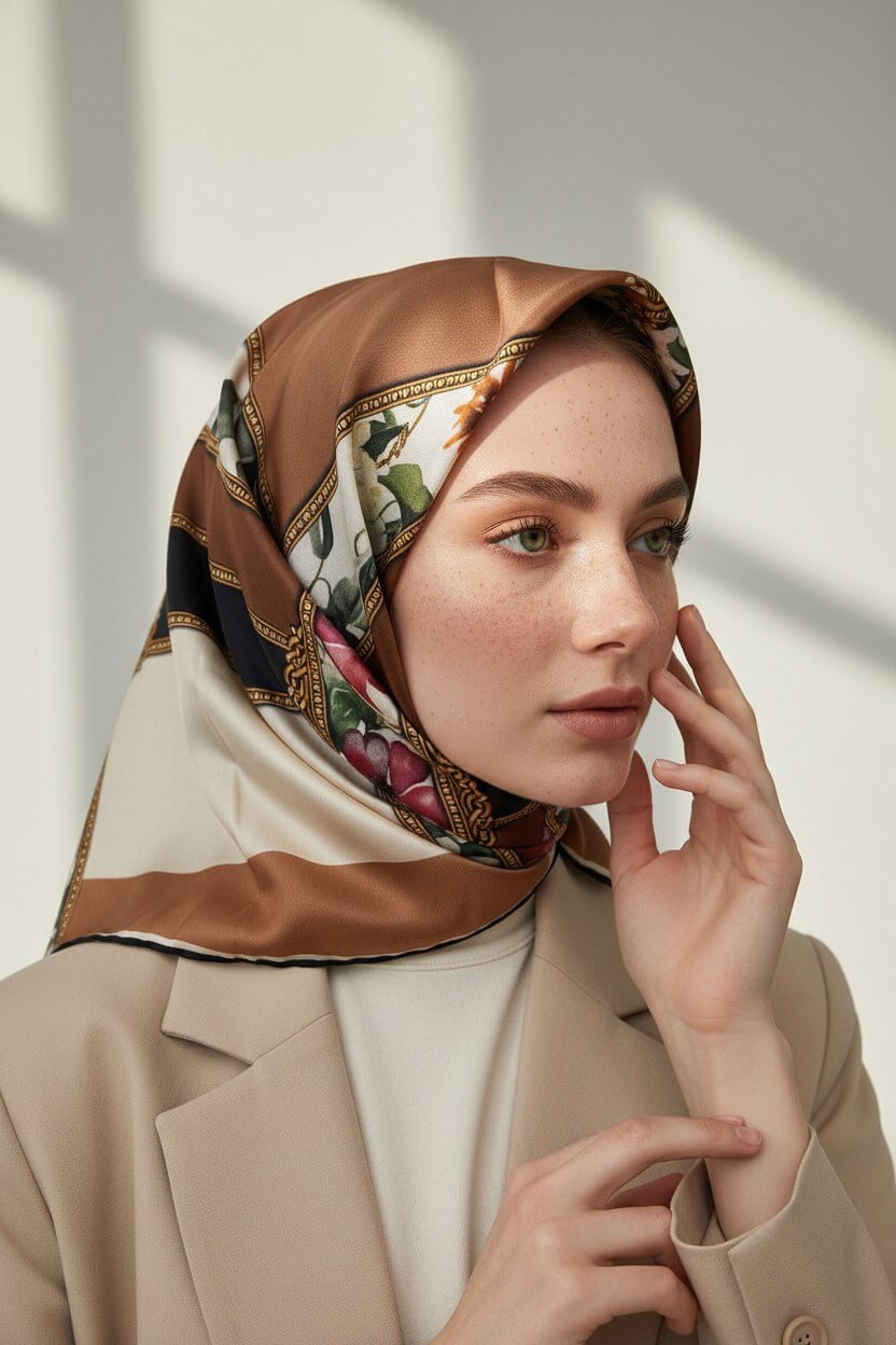 100% Twill İpek Şeritli Çiçek Desenli Bakır - Krem Renkli 90x90 Dikim Şekli : El Dikişi Eşarp