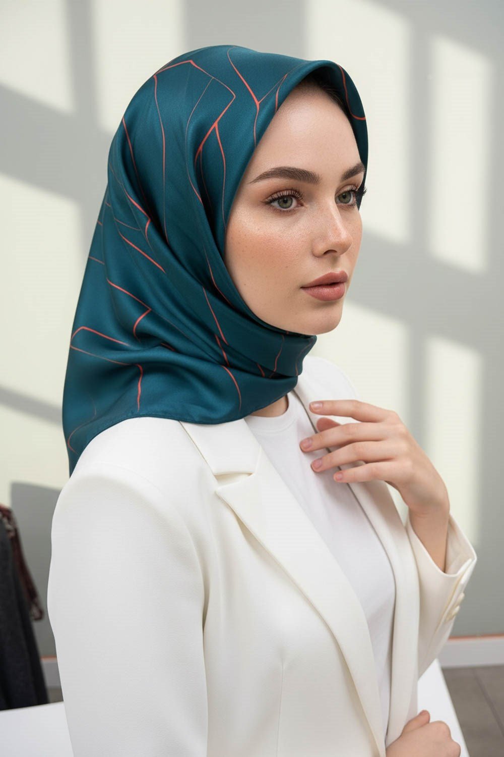 %100 Twill İpek Çizgi Desenli Petrol Yeşili - Turuncu Renkli 90x90 Eşarp Dikim Şekli : El Dikişi