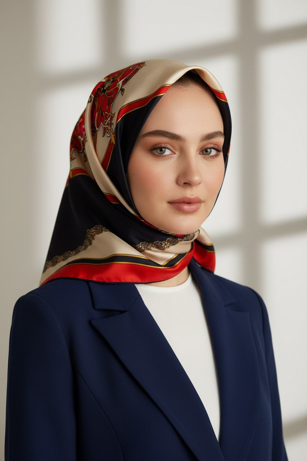 %100 Twill Barok Desenli Kırmızı - Lacivert Renkli 90x90 Eşarp Dikim Şekli: El Dikişi
