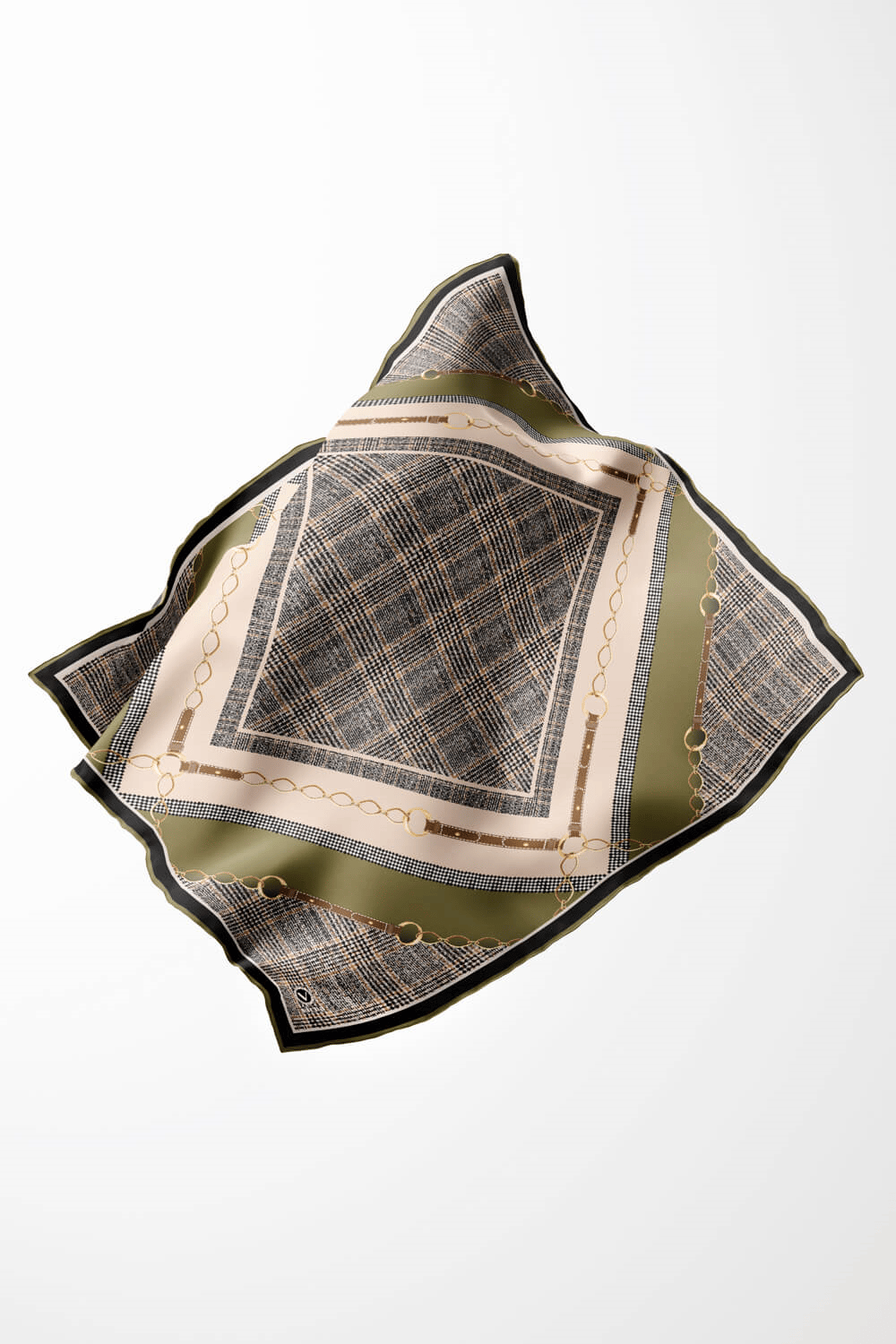 Twill Kemer ve Zincir Detaylı Ekose Desenli Haki Renkli 90x90 Eşarp (İpek İçermez) Kenar Dikiş Şekli El Dikişli