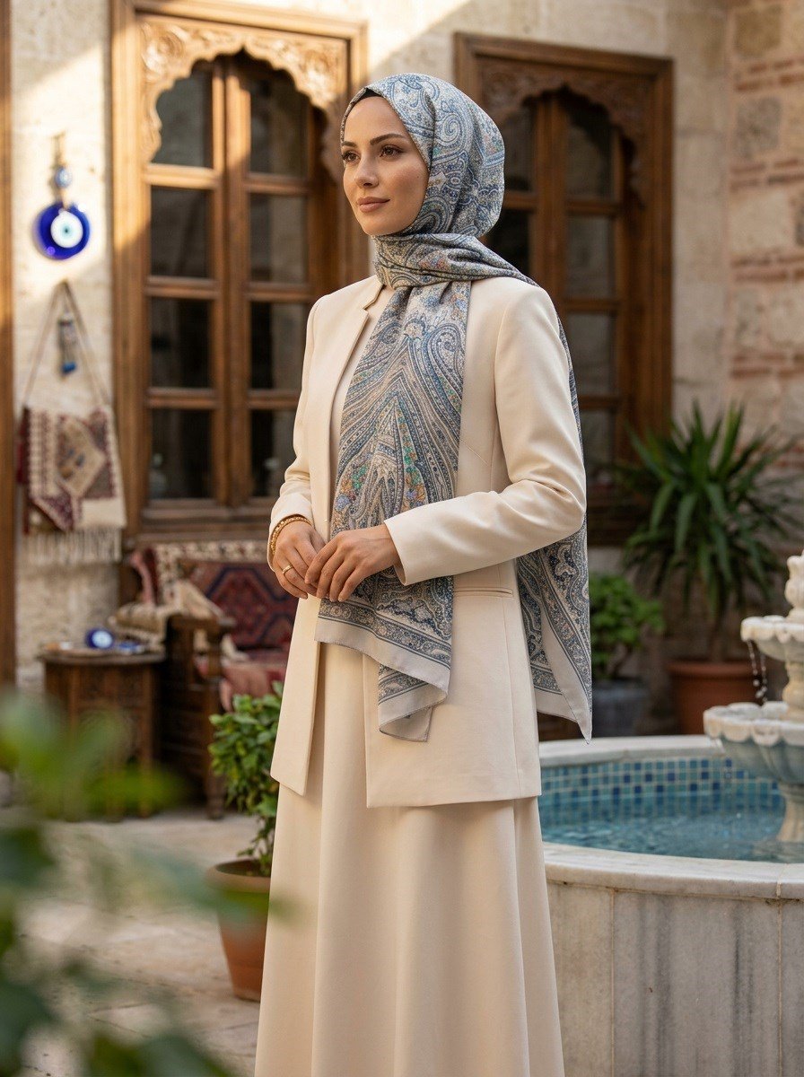 %100 İpek Etro Desenli Gri Renkli 92x210 Şal