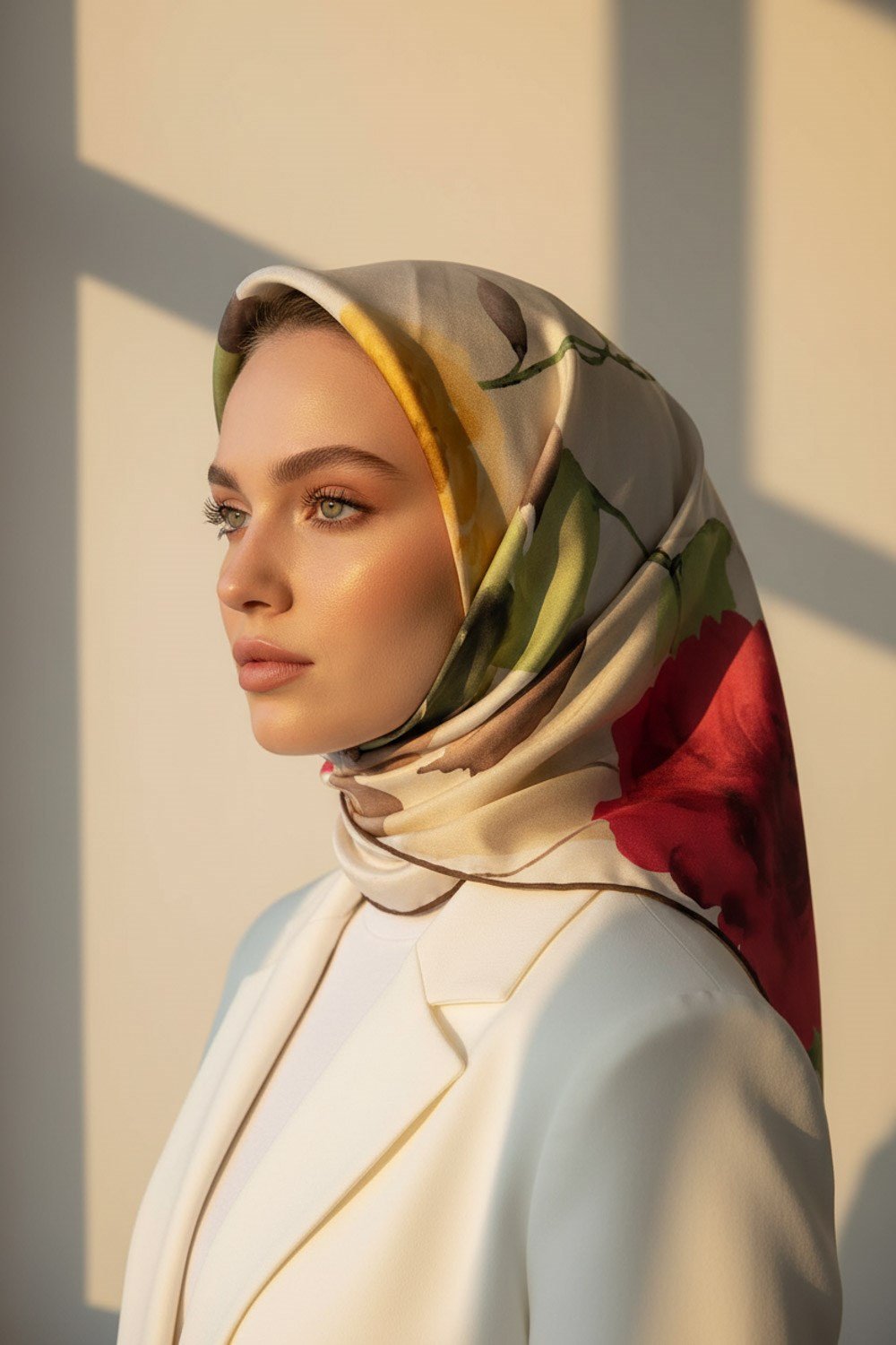%100 Twill İpek Büyük Çiçek Desenli 90x90 Eşarp Dikim Şekli : El Dikişi