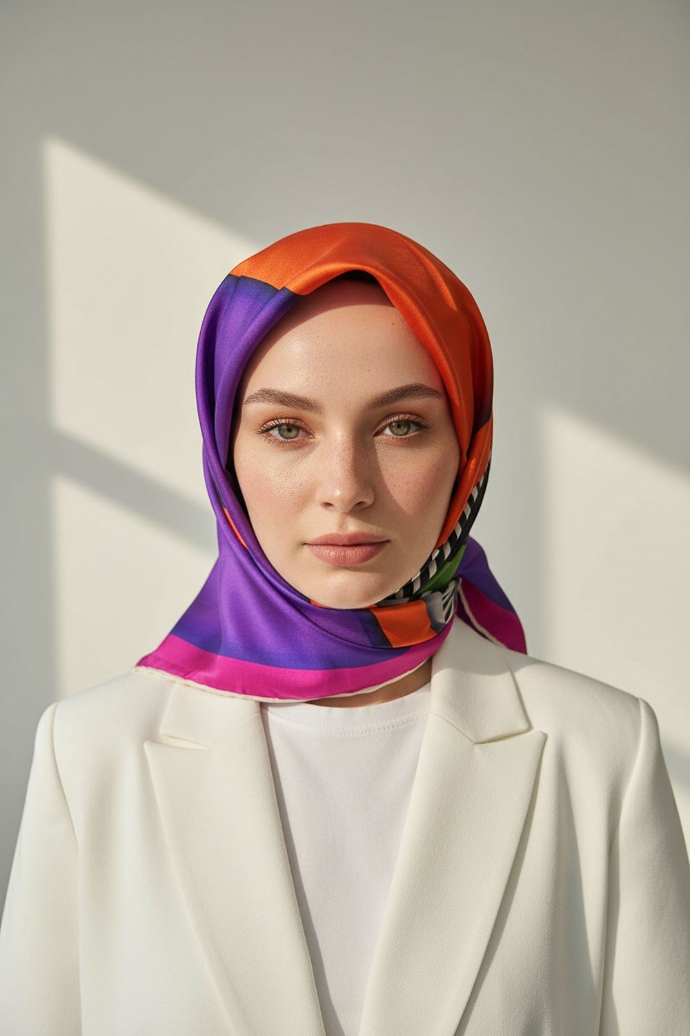 %100 Twill Renk Bloklu Çizgili Desenli Turuncu - Mor Renkli 90x90 Eşarp Dikim Şekli: El Dikişii