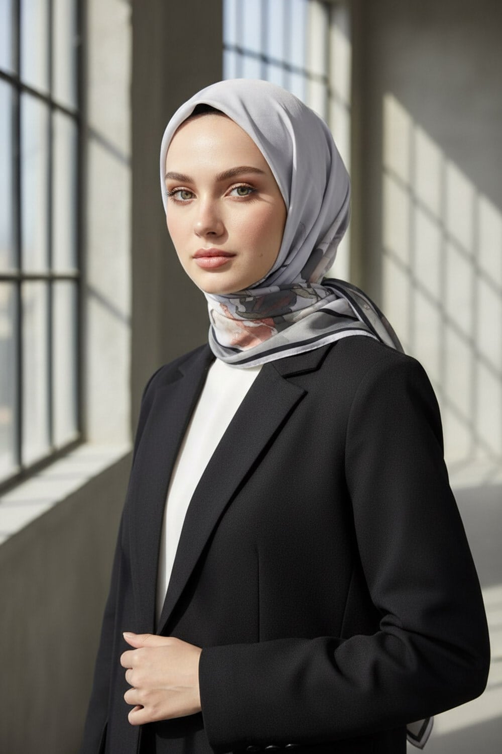 KREP ÇİÇEK DESENLİ GRİ - SOMON RENKLİ 75X195 KIRIŞMAZ ŞAL