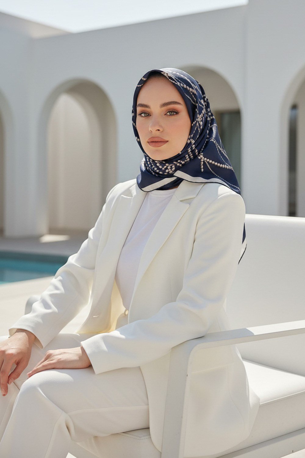 %100 Twill İpek İnci Desenli Lacivert - Beyaz Renkli 90x90 Eşarp Kenar Dikiş Şekli : El Dikişli