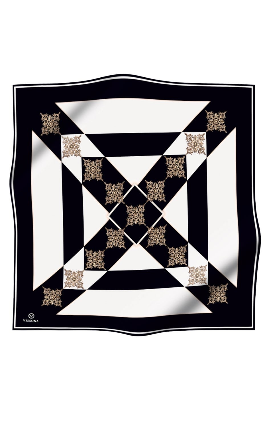 %100 Twill İpek Geometrik ve Barok Desenli Siyah - Krem Renkli 90x90 Eşarp Dikim Şekli : El Dikişi