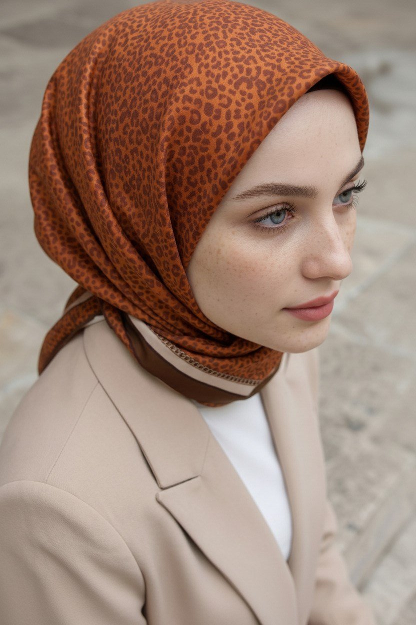 % 57 İPEK % 43 VİSKON Twill İpek Leopar Desenli Taba - Kahverengi Renkli 90x90 Eşarp Dikim Şekli : El Dikişi