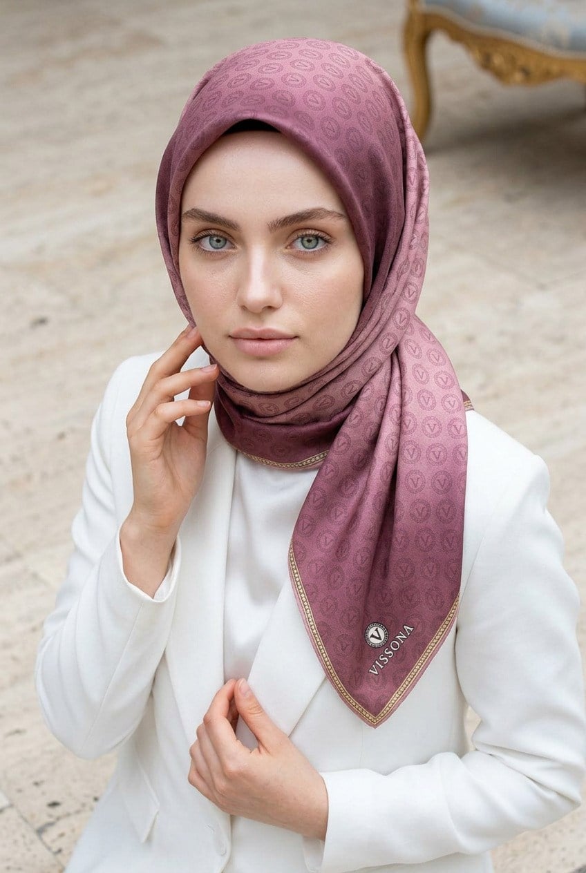 %100 Twill İpek Monogram Desenli Gül Kurusu Renkli 90x90 Eşarp Dikim Şekli : El Dikişi