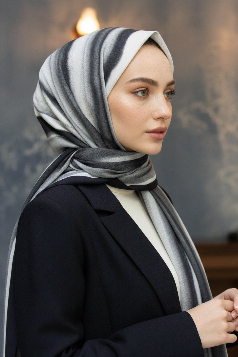 KREP SULU BOYA ÇİZGİLİ DESENLİ SİYAH RENKLİ 75X195 KIRIŞMAZ ŞAL