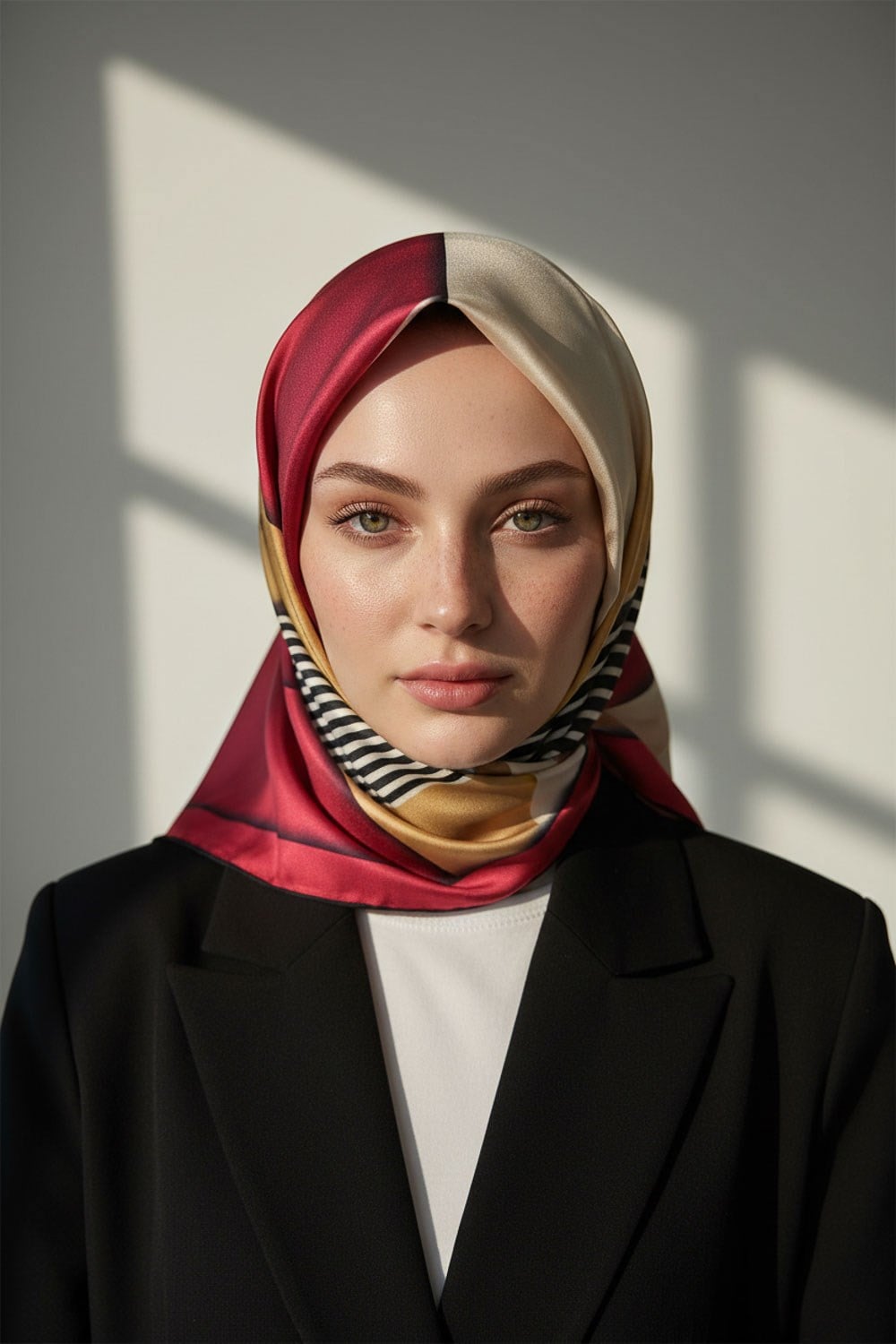 %100 Twill İpek Çizgili ve Geometrik Desenli Bordo - Vizon Renkli 90x90 Eşarp Dikim Şekli : El Dikişi