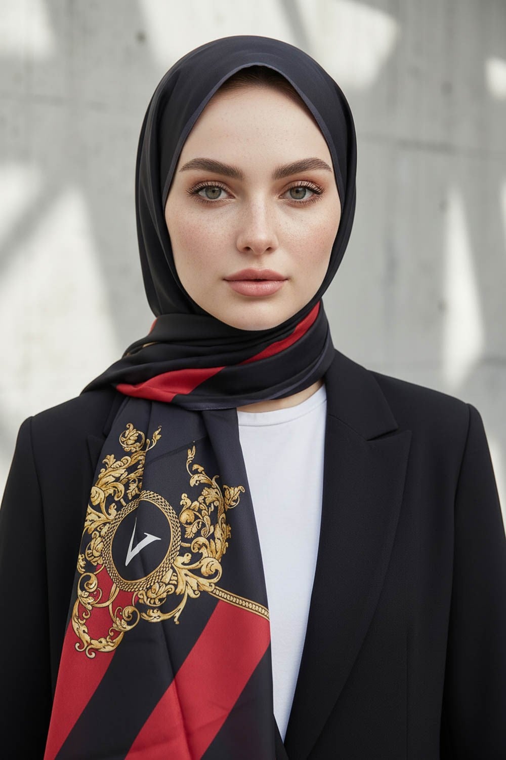 %100 Saf İpek Şal İnce Saten Vual Dokuma Şeritli Ve Varak Desenli Siyah - Kırmızı Renkli 90x210 Şal