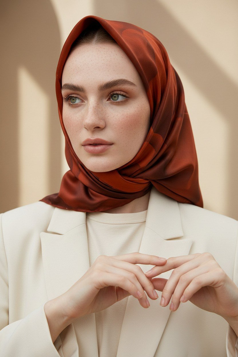 Rayon Büyük Çiçek Desenli Taba Renkli 90x90 Eşarp (İpek İçermez) Kenar Dikiş Şekli El Dikişli