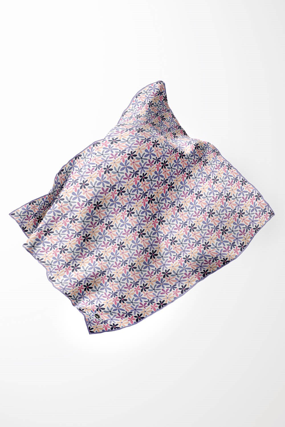 Twill Renkli Çiçek Desenli Lila Renkli 90x90 Eşarp (İpek İçermez) Kenar Dikiş Şekli El Dikişli
